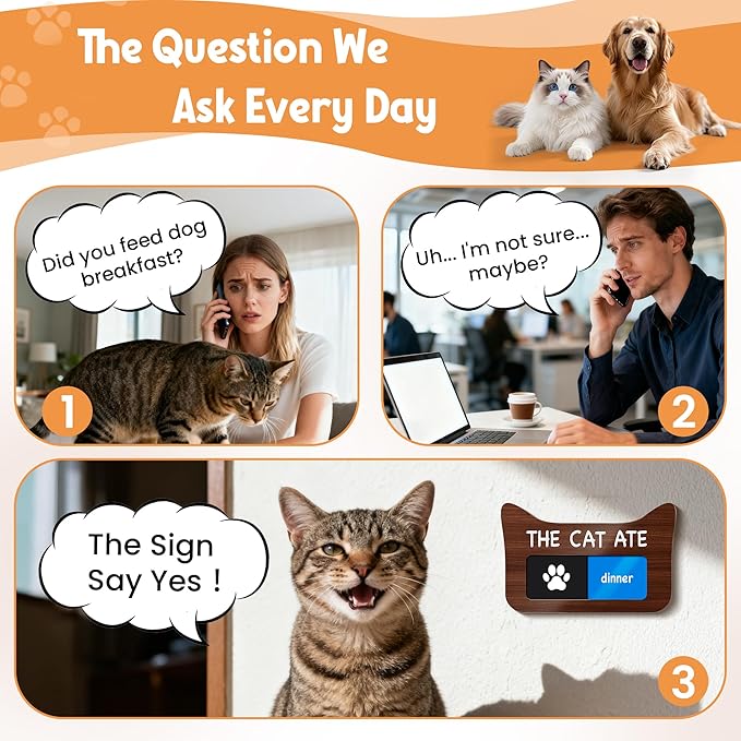 Cat Feeding Reminder Supplies with Magnet, Pet Meal Tracker with The Cat Ate, Acrylic Unique Ear Shape 2 Area Feed Sign with Breakfast and Dinner, Black with 2 Stickers, 4.7" x 3", 1 Pack
