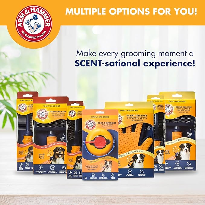 Arm & Hammer Deodorizing Soap Dispensing Palm Brush for Dogs - Grooming Dog Brush for All Hair Types, Pair Dog Soap Dispenser with Your Pets Favorite Shampoo, Easy Grip Scrubber for Dogs