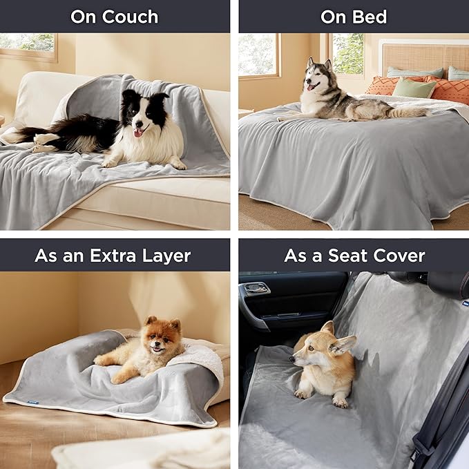 Bedsure Waterproof Blanket for Bed - Sherpa Fleece Waterproof Dog Blankets for Large Dogs, Pet Blankets for Bed/Couch/Dog Crate, Soft Plush Reversible Furniture Protector, Queen, 90"x86", Light Grey