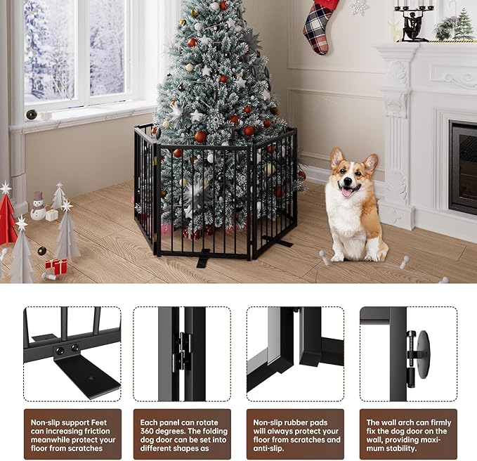 6 Panels Full Metal Freestanding Dog Gates with Door, 120” W x 24” H Folding Pet Gate Fence with Support Feet for Indoor,Stairs, Hallways and Doorways(Black)