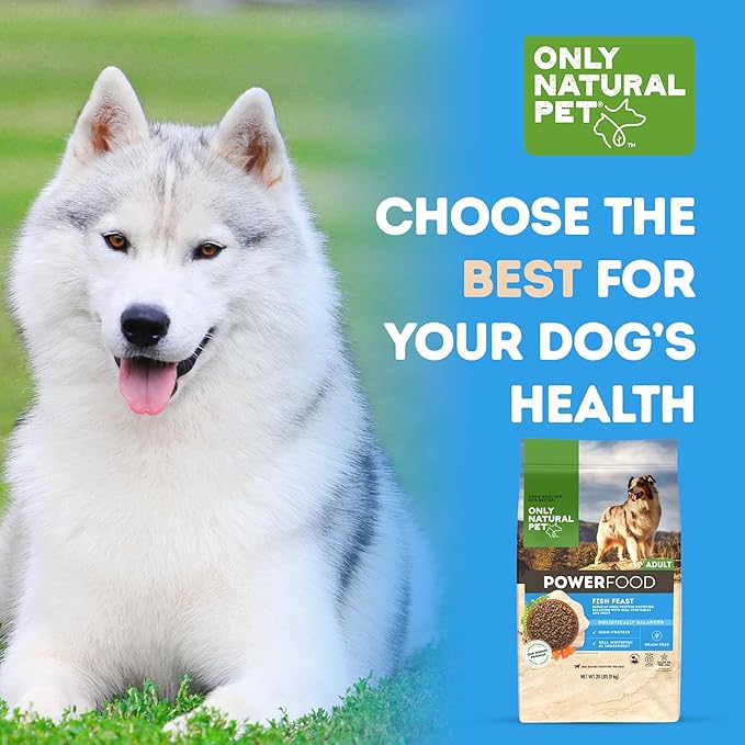 Only Natural Pet PowerFood Fish Feast Grain-Free Dry Dog Food w/Wild-Caught Whitefish, Pumpkin & Superfoods - High Protein, Low Carb Recipe for Small to Large Breeds, Adult to Senior - 20 lb Bag