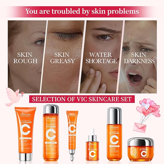 6-Piece Hydrating Skincare Set with Vitamin C & Niacinamide, Face Care Kit Includes Toner, Serum, Cleanser, Moisturizer, Eye Cream & Body Lotion | Valentine’s Day Gift for Women