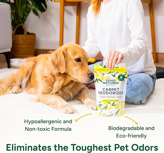 Good Natured Brand | Carpet Deodorizer & Freshener Powder | 47 oz Pet Odor Eliminator for Strong Odor & Pet Urine | Fresh Natural Lemon & Eucalyptus Scent | Safe for Homes with Pets