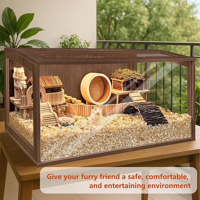 PROLEE Hamster Cage with Chewproof Wood Top,Guinea Pig Cages, Hamster Habitat with Clear Acrylic Sheets Solid Built, Small Animal Cage (Walnut, 48X20X20 inch)