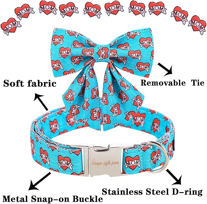 Unique style paws Valentine's Day Dog Collar with Tie Blue Heart Puppy Collar Best Gift for Small Medium Large Boys Girls-L