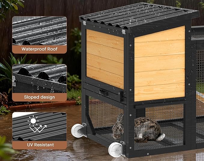 2-Story Rabbit Hutch, Bunny Hutch w/Chew-Proof Ramp & Wheels, Indoor Outdoor Bunny Cage w/Leak-Proof Trays and Openable Waterproof Roof for Guinea Pig, Yellow