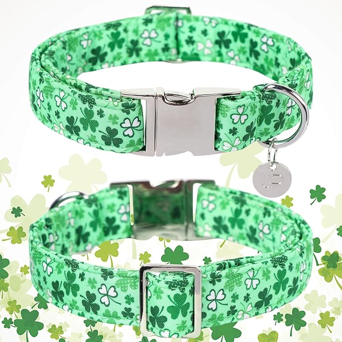 St. Patrick's Dog Collar, Cotton St. Patricks Clover Collar for Puppy Girl Boy Dog or Cat, Lucky Shamrock Dog Collar with Metal Buckle, Green, Spring, L