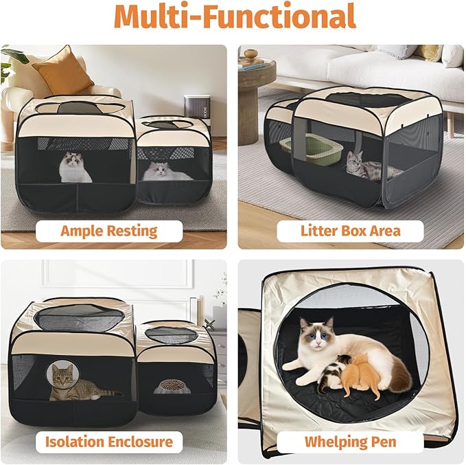 2-in-1 Portable Cat Playpen, Pop up Pet Kennel Play Pen Cat Tent House Cage, Foldable Puppy Enclosure Kitten Crates Indoors Outdoor(Beige)(No Divider, Pass-Through)