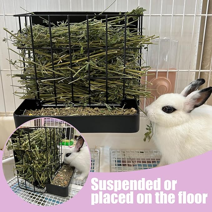 Rabbit Hay Feeder Guinea Pig Hay Holder with Hook Heavy-Duty Metal,Internal Sloping Design，Hay Feeder for Bunny,Rabbit，Chinchillas,Comes with Two Multifunctional Zippers