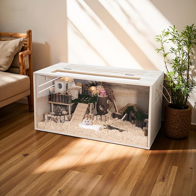 Hamster Cage Chewproof, 32" Wooden Guinea Pig Cage for Small Animals, Openable Top with Easy View Acrylic Panels for Hamster, Rabbit, Guinea Pig, Hedgehog(32" L x 15.7" W x 15.7" H)