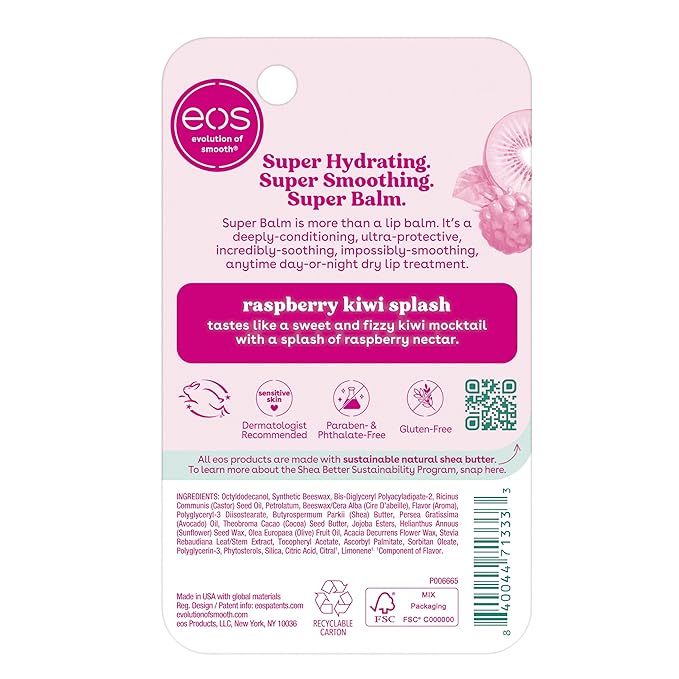 eos 24H Moisture Super Balm - Raspberry Kiwi Splash, Day or Night Lip Treatment, Made for Sensitive Skin, Lip Balms & Moisturizers, 0.35 fl oz (Pack of 2)