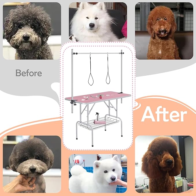 Yaheetech 46'' Pet Grooming Table for Large Dogs Adjustable Height - Portable Trimming Table Drying Table w/Arm/Noose/Mesh Tray Maximum Capacity Up to 265Lb -Pink