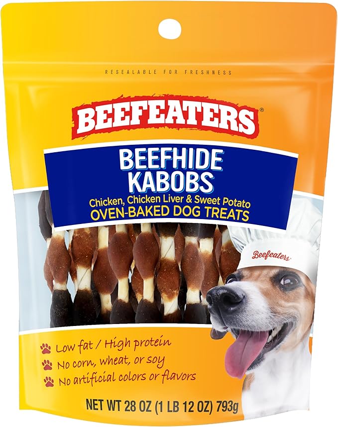 Beefeaters Beefhide Kabobs – Dog Treat. Triple Flavor with Real Chicken, Liver & Sweet Potato, Long-Lasting Chew, Supports Dental Health, Ideal for Training