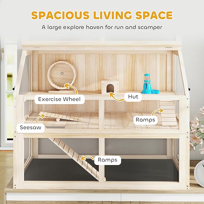 PawHut Wooden Hamster Cage, 3 Tier Small Animal Cage with Detachable 12.4" Deep Bottom, Hut, Seesaw, Exercise Wheel, Ramps, Hamster Habitat for Dwarf, Gerbil, 37" x 21" x 30"