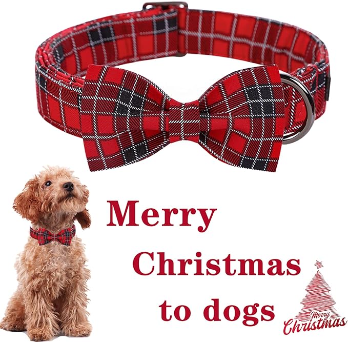 Unique style paws Christmas Dog Collar with Bow Tie Red Black Grid Cotton Collar Adjustable Puppy Plaid Collar for Small Medium Large Dogs