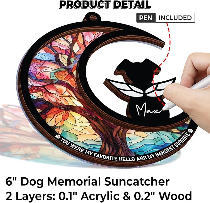 6" DIY Dog Angel Memorial Suncatcher, Engraved Pet Memorial Ornament, Pet Sympathy Keychain, Loss of Animal Sympathy Card, Rainbow Bridge Dog Loss Gift, My Favorite Hello Hardest Goodbye PS190