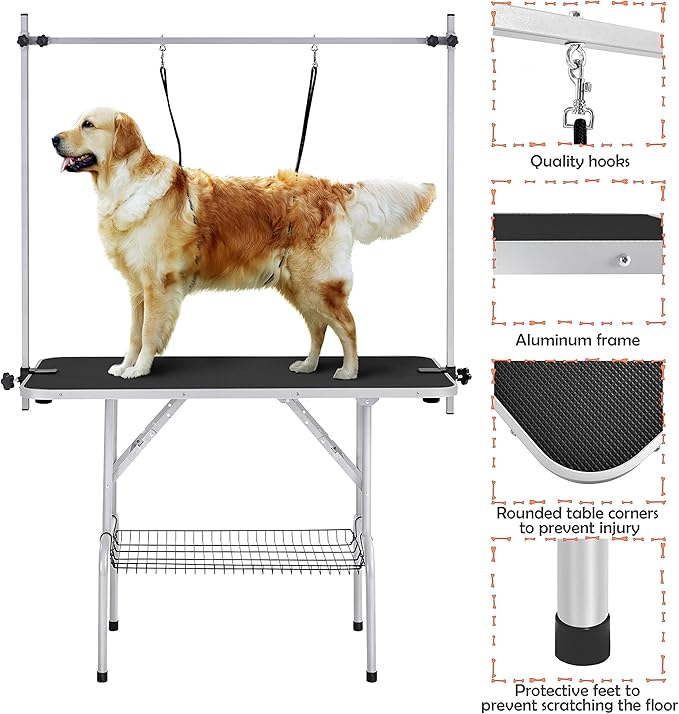 Yaheetech 46'' Pet Grooming Table for Large Dogs Adjustable Height Portable Trimming Table Drying Table w/Arm/Noose/Mesh Tray Maximum Capacity Up to 265Lb, Black