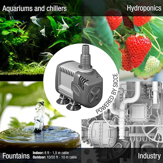 SICCE Syncra Silent 1.0 Multifunction 251 GPH Submersible Water Pump | Italian Made 16W Ultra Quiet Durable Aquarium Fish Tank, Fountain, Pond, Hydroponics, Terrarium Black | Freshwater & Saltwater