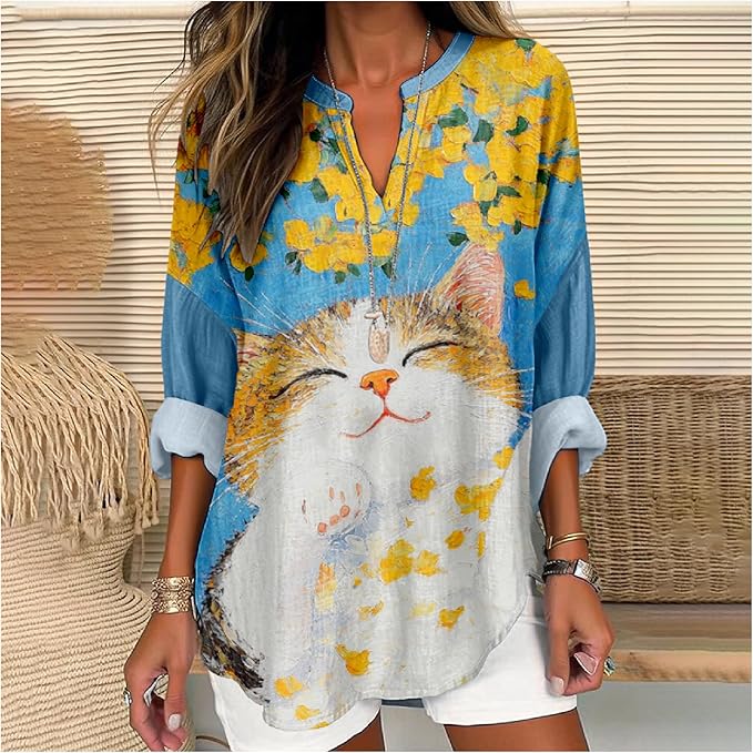MARSVOVO Cat Shirts for Women Long Sleeve Cute Cat Pullover Graphic Novelty V Neck Blouse Oversized Funny Tunic Tops