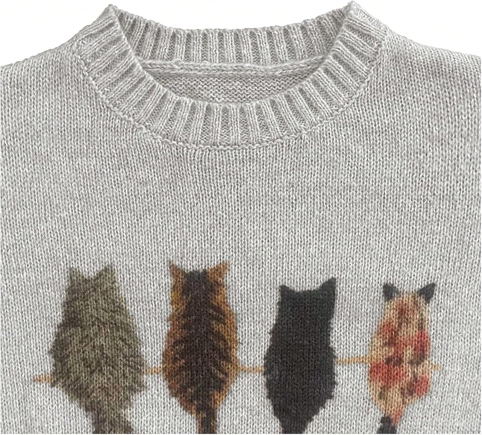 WDIRARA Women's Cat Graphic Sweater Long Sleeve Crew Neck Knit Tops Casual Knitwear