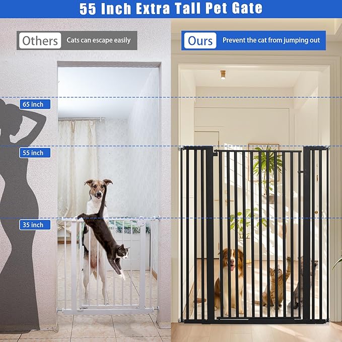 55 Inch Extra Tall Pet Gate for Cats,29.92"-43" Adjustable Wide Dog Gates,Pressure Mounted Walk Through Tall Pets Gate for Doorways,Hallway,Stairs(Black)
