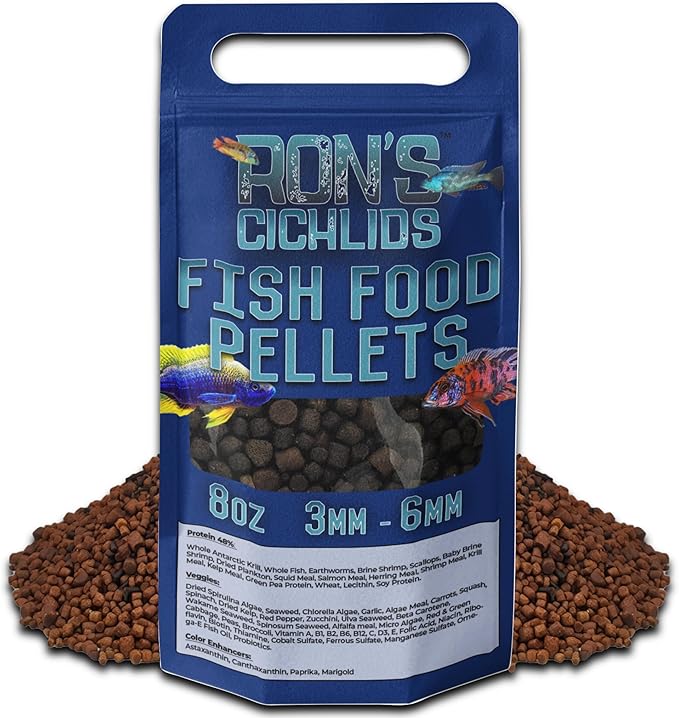 RON'S CICHLIDS African Cichlid Fish Food, Premium Tropical Fish Food Pellets with Protein, Veggies & Fruits for Healthier, Brighter & Bigger Tropical Fish & Cleaner Tanks, Big Boy Blend, 8 OZ