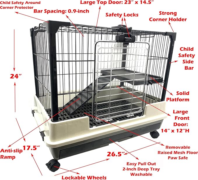 Large Multi-Level Indoor Small Animal Pet Cage Guinea Pig Ferret Squirrel Chinchilla Cat Playpen Rabbit Hutch Solid Platform Ramp Easy Clean Leakproof Litter Tray Large Access Doors Lockable Casters