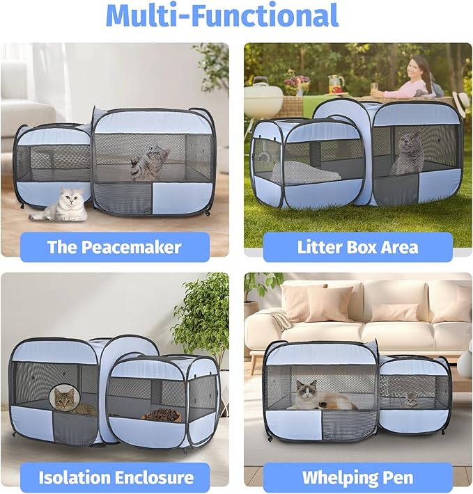 Pop up Portable Cat Playpen 2-in-1 Dog Playpen, No Assembly Need, Pet Cat Dog Tent Crates Kennel Cage, Cats Enclosure for Kitten and Puppy Indoor Outdoor Use(No Divider, Unified Space)