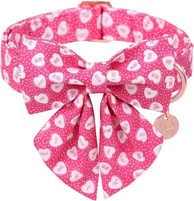Valentine’s Dog Collar with Bow Tie, Pink Heart Bowtie Collar with Metal Buckle, Valentine’s Gift Pet Collar for Puppy Girl Boy Dog or Cat, Wedding Dog Collar, L