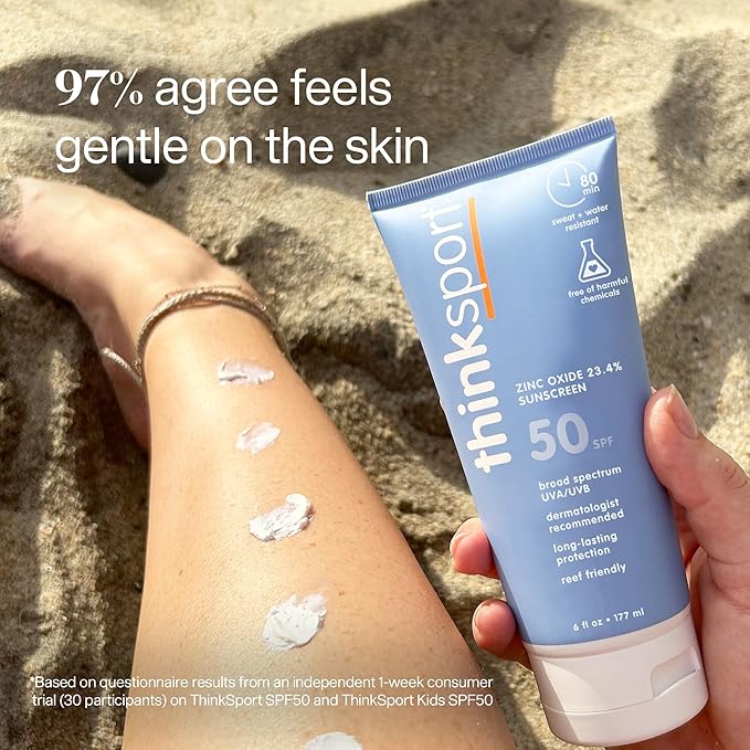 Thinksport SPF 50+ Mineral Sunscreen with Zinc Oxide, 6 Fl Oz – Safe, Natural Sunscreen Lotion for Sports & Active Use, Water Resistant Reef Safe, Broad Spectrum UVA/UVB Sun Screen for Sun Protection