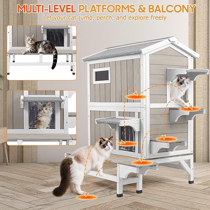 PetsCosset Insulated Cat House Outdoor Weatherproof with Balcony All-Round Insulation Outside Wooden Feral Cat Shelter for Winter with 3 Jumping Platforms and Openable Roof for Cats and Small Animals