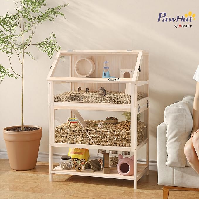 PawHut Wooden Hamster Cage, 3 Tier Small Animal Cage with Detachable Lower Floor, Storage Shelf, Hut, Seesaw, Exercise Wheel, Ramps, Hamster Habitat for Dwarf, Gerbil, 31.5" x 21" x 46"