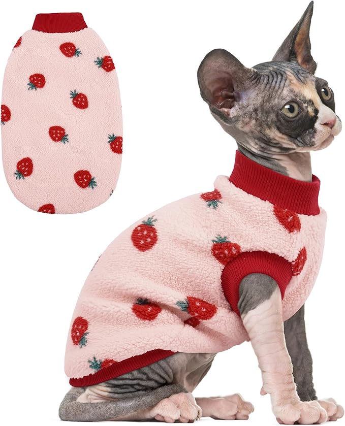 PUMYPOREITY Winter Warm Cat Sweater with Stretch Ribbed Collar & Cuffs, Snug & Secure Fit with Soft Plush Fleece, Easy-On Cat Sweatshirt for Indoor/Outdoor Use,Pink, M