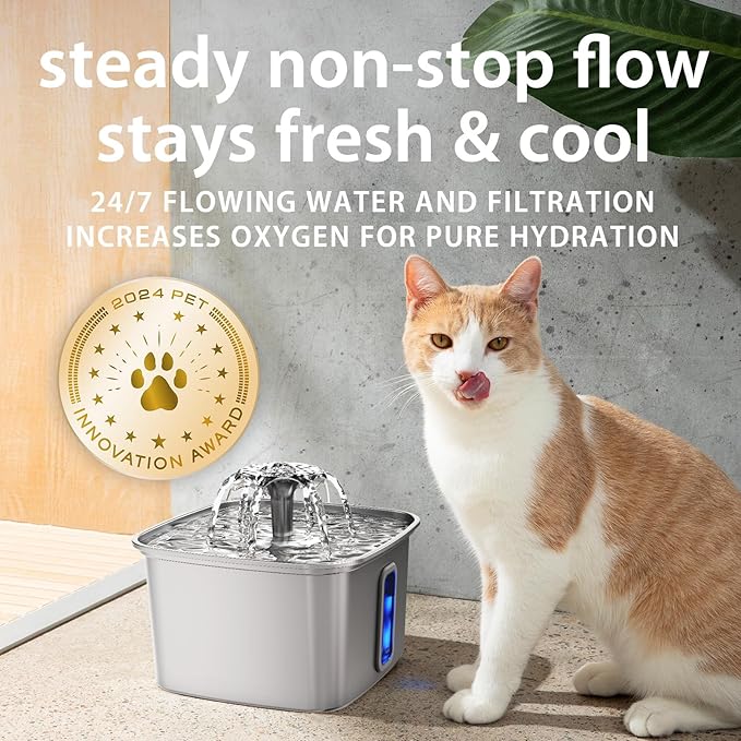 Veken Innovation Award Winner Stainless Steel Cat Water Fountain, 108oz/3.2L Automatic Pet Fountain Dog Water Dispenser with 3 Replacement Filters & Silicone Mat for Cats, Dogs, Multiple Pets (Silver)