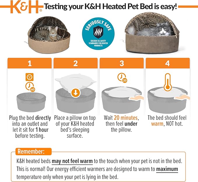 K&H Pet Products Thermo-Kitty Bed Deluxe Heated Cat Bed for Smaller Kitties - Indoor Heated Pet Bed for Dogs & Cats, Covered Cave Pet Tent, Machine Washable, Safety Listed - Small 16in Tan/Leopard