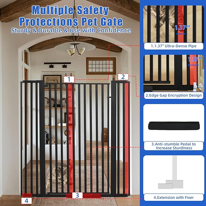 55 Inch Extra Tall Pet Gate for Cats,29.92"-43" Adjustable Wide Dog Gates,Pressure Mounted Walk Through Tall Pets Gate for Doorways,Hallway,Stairs(Black)