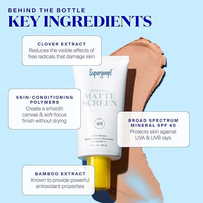 Supergoop! Mineral Mattescreen (SPF 40) - 20 mL - Mineral, Oil-Free Broad Spectrum Sunscreen - Smooths Skin’s Appearance, Minimizes Pores & Controls Shine - Water & Sweat Resistant