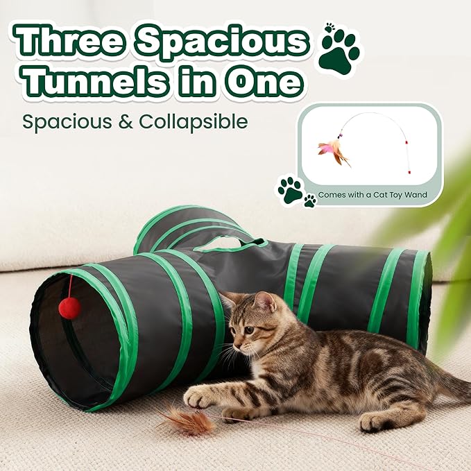 Love's cabin Cat Tunnels for Indoor Cats, Cat Tube Toys 3 Way Collapsible, Pet Play Tunnel with Peek Hole Toy Ball for Kitty, Kitten, Rabbit, Black&Green, Small Size (23.6"X13"X11")