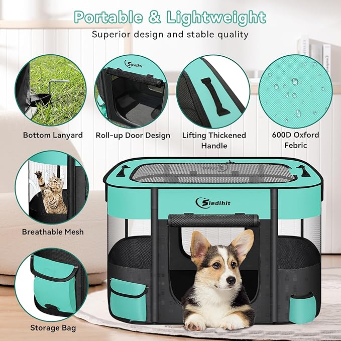 Dog Cat Playpen, Pet Puppy Portable Playpens for Outdoor Travel Crate, Indoor After Surgery Use, Foldable Dog Kennel Tent for Rabbit or Small Animals and Tent Stakes (Green, Small)