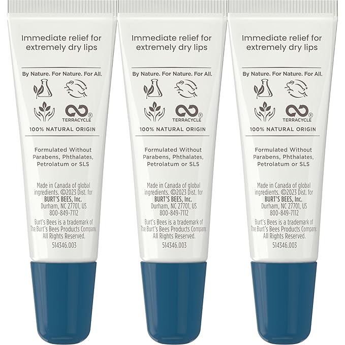 Burt's Bees Rescue Lip Relief for Valentine's Day, Original, Hydrating Lip Balm for dry lips with Responsbily Sourced Beeswax & Shea Butter, 100% Natural Origin, 3 Squeezy Tubes, 0.35oz, (Pack of 2)