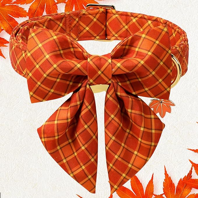 DOGWONG Cotton Fall Dog Collar, Orange Plaid Dog Collar with Bow Halloween Dog Collars Puppy Necklace for Small Medium Large Dogs