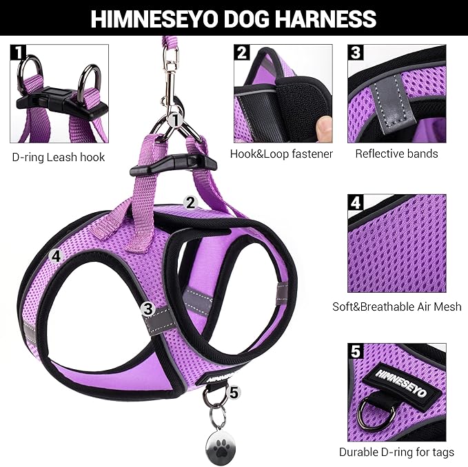 Dog Harness and Leash Set, Dog Harness for Dogs No Pull, No-Chock Step-in Reflective Breathable Lightweight Easy Walk Vest Harnesses with Safety Buckle for Small Medium Dogs, Cats (Light Purple, XS)