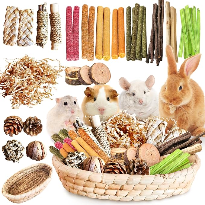 39PCS Rabbit Chew Treat Toys for Teeth Health, Natural Bunny EnrichmentToys for Boredom & Stress Relief, Keep Busy Toys for Guinea Pig Chinchilla Hamster Rat Gerbil Degu Indoor Outdoor