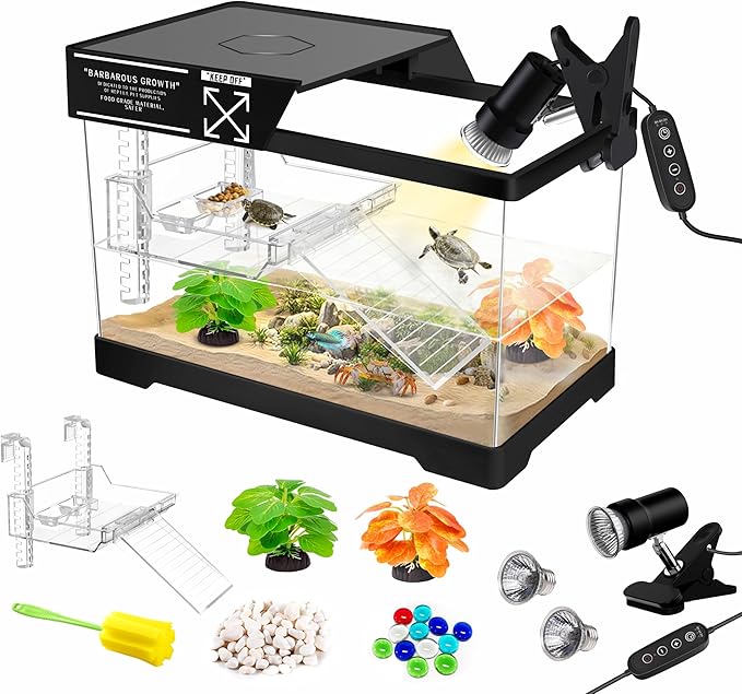 GOZILLA Mini Aquatic Turtle Tank Kit with Adjustable Lamp,PC Turtle Tank Starter Kit,Small Hermit Crab Tanks with Lid, Hanging Platform for Baby Turtles,Crabs,Fish.(11.8×7.24×7.1''/Black Kit)