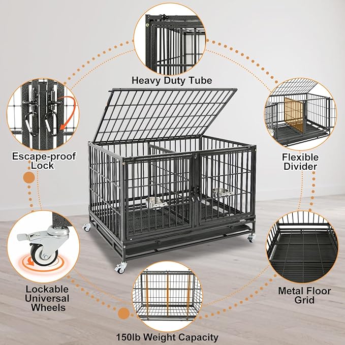 Homey Pet 2 Pack Three Tiers 43 inch Stackable Heavy Duty Dog Crate with Wheels, Indestructible Steel Dog Cage Kennel Indoor with Detachable Divider, Trays, Feeding Bowls, Escape Proof Locks