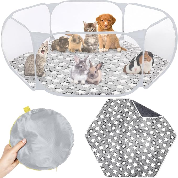 VitalCozy Hamster Playpen with Mat Small Animal Cage Tent Breathable Transparent Guinea Pig Playpen Waterproof Portable Yard Fence Mat Foldable Exercise Playpen Outdoor Indoor (Gray,Star)