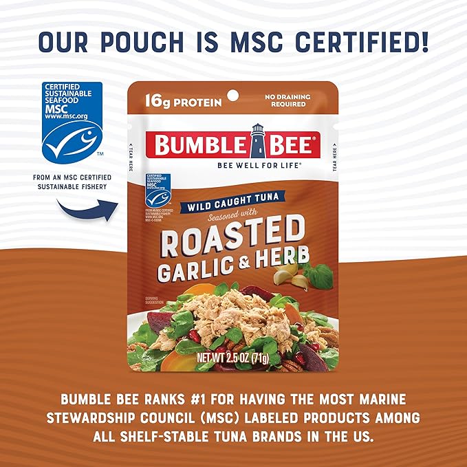 Bumble Bee Roasted Garlic & Herb Seasoned Tuna, 2.5 oz Pouch - Ready to Eat - Wild Caught Tuna Packet - 16g Protein per Serving - Gluten Free (Pack of 4)