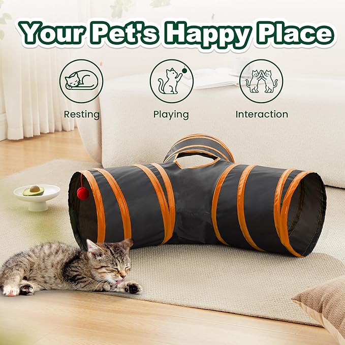 Love's cabin Cat Tunnels for Indoor Cats, Cat Tube Toys 3 Way Collapsible, Pet Play Tunnel with Peek Hole Toy Ball for Kitty, Kitten, Rabbit, Black&Orange, Small Size (23.6"X13"X11")