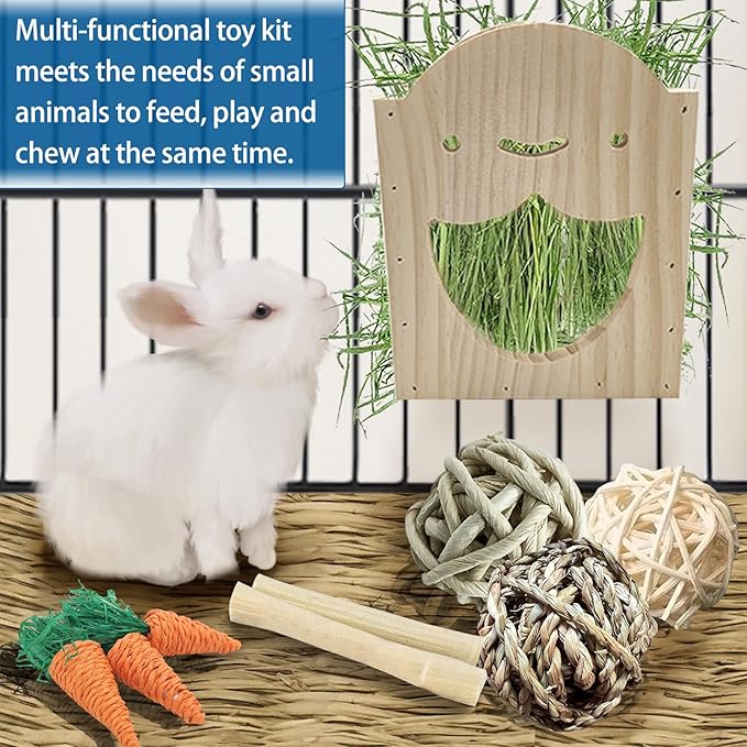 Hamiledyi Wood Rabbit Hay Feeder for Cage Bunny Hay Manger Rack Small Animals Feeding Holder Wooden Grass Dispenser with Chew Toys for Guinea Pig Chinchilla Hamster 9Pcs