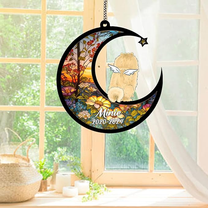 Personalized Chow Chow (Cream) Sun Catcher, Dog Memorial Gifts, Custom Chow Chow (Cream) with Wings Ornament Christmas Tree, Loss of Dog Sympathy Gift Memorial Suncatchers